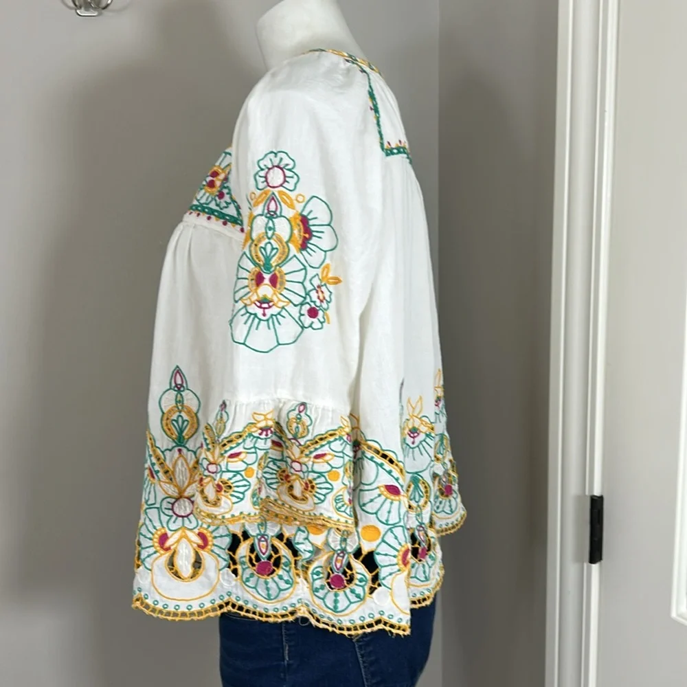 Anthropologie White Embroidered Tunic with Teal & Yellow Accents - Picture 8 of 15